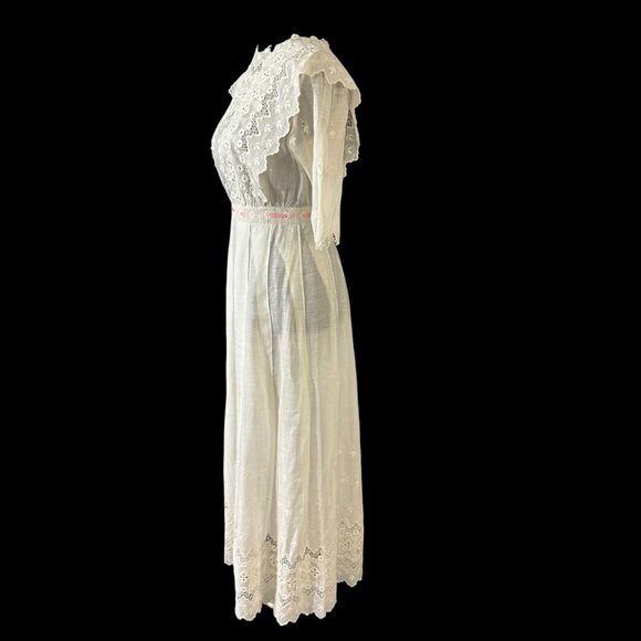 Edwardian White Cotton Voile or Lawn Summer Tea Dress Eyelet Lace Antique 1900s - Picture 6 of 14